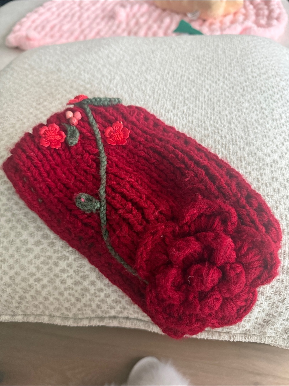 Hand-Knit Red Floral Beanie - Women Accessories